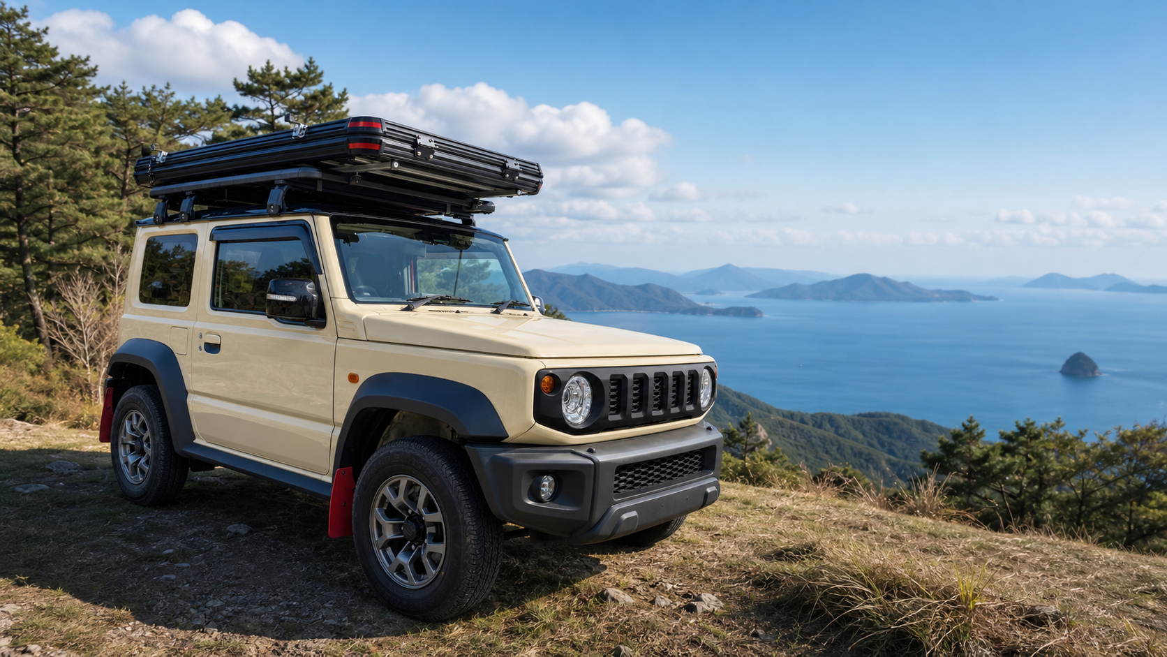 海を見渡す山頂に停めたサンドベージュの四輪駆動車